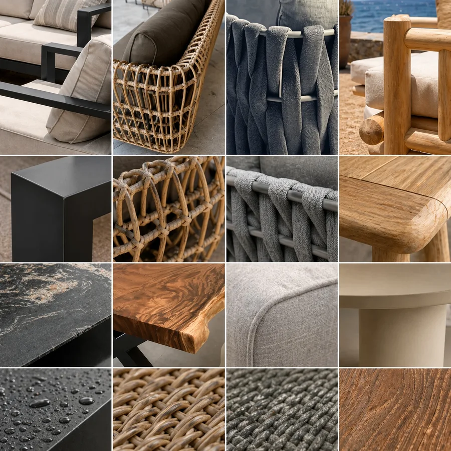 Grid of patio furniture material close-ups: powder-coated metal, wicker, rope weave, teak, stone and wood