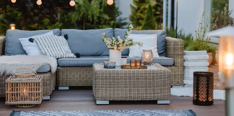 Grey resin wicker sofa and armchairs with sage cushions beside a swimming pool