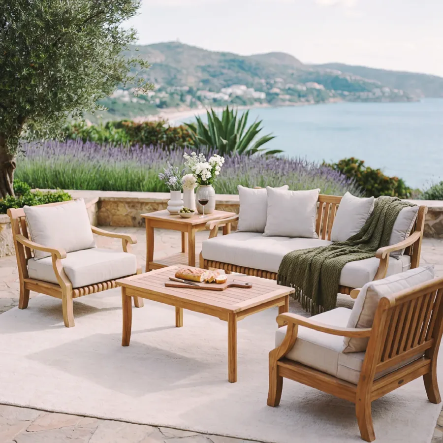Natural teak deep-seating set with white cushions on a stone terrace overlooking a Mediterranean bay