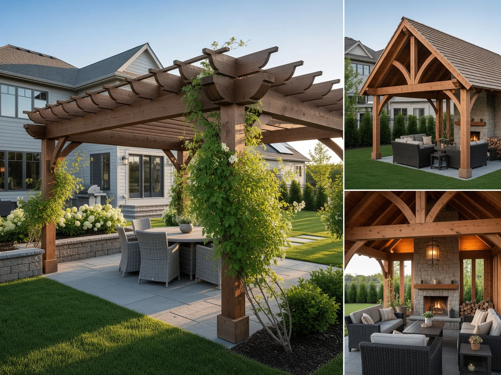 Open-sky patio pergola seating compared with a covered porch pavilion