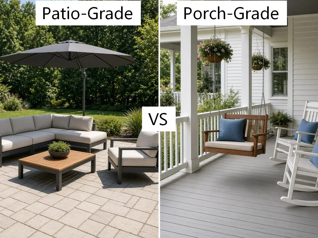 Patio-grade open patio seating with umbrella beside porch-grade covered porch rocking chairs and swing