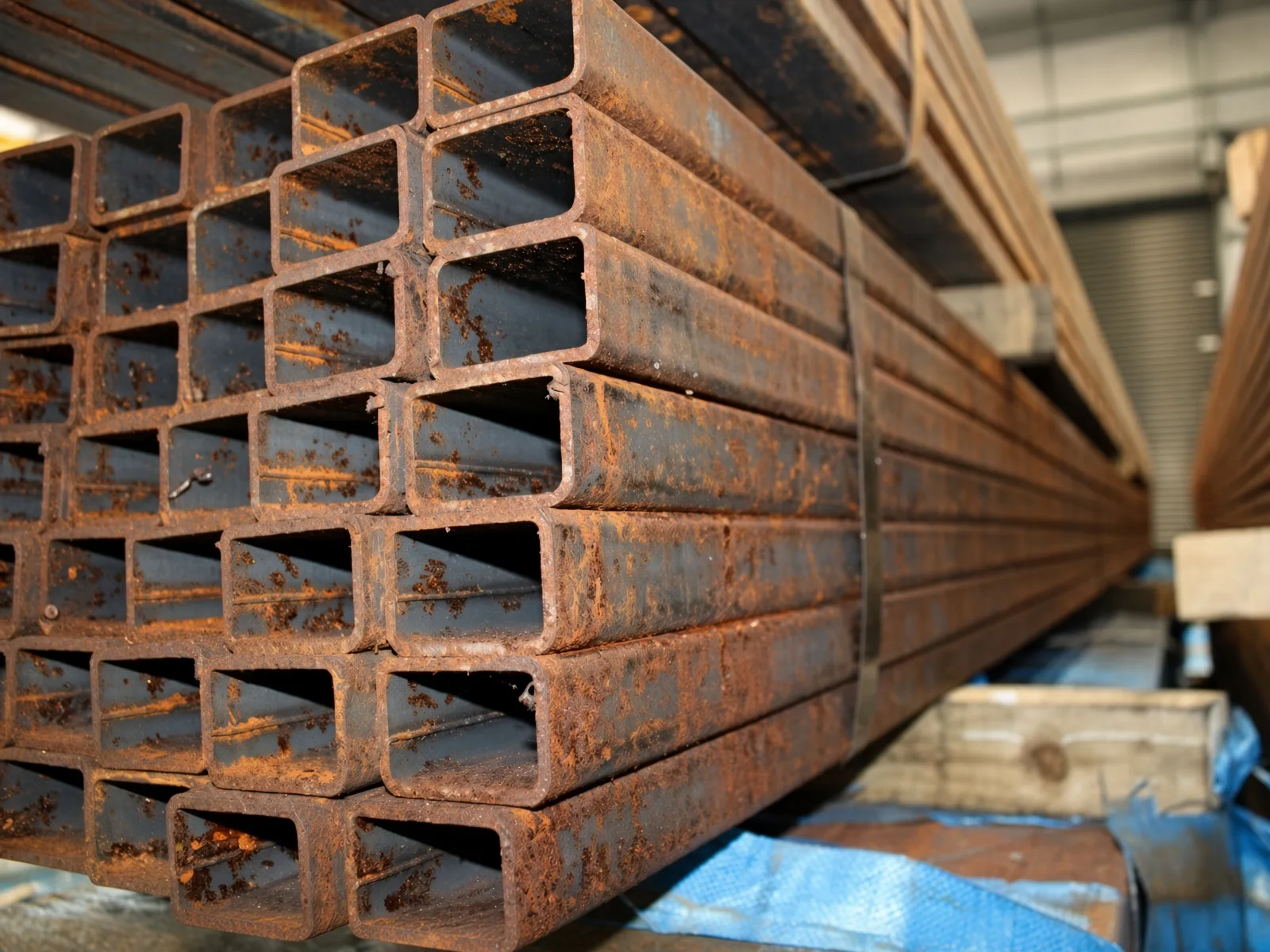 Stacked raw steel square tubes showing rust and corrosion before coating