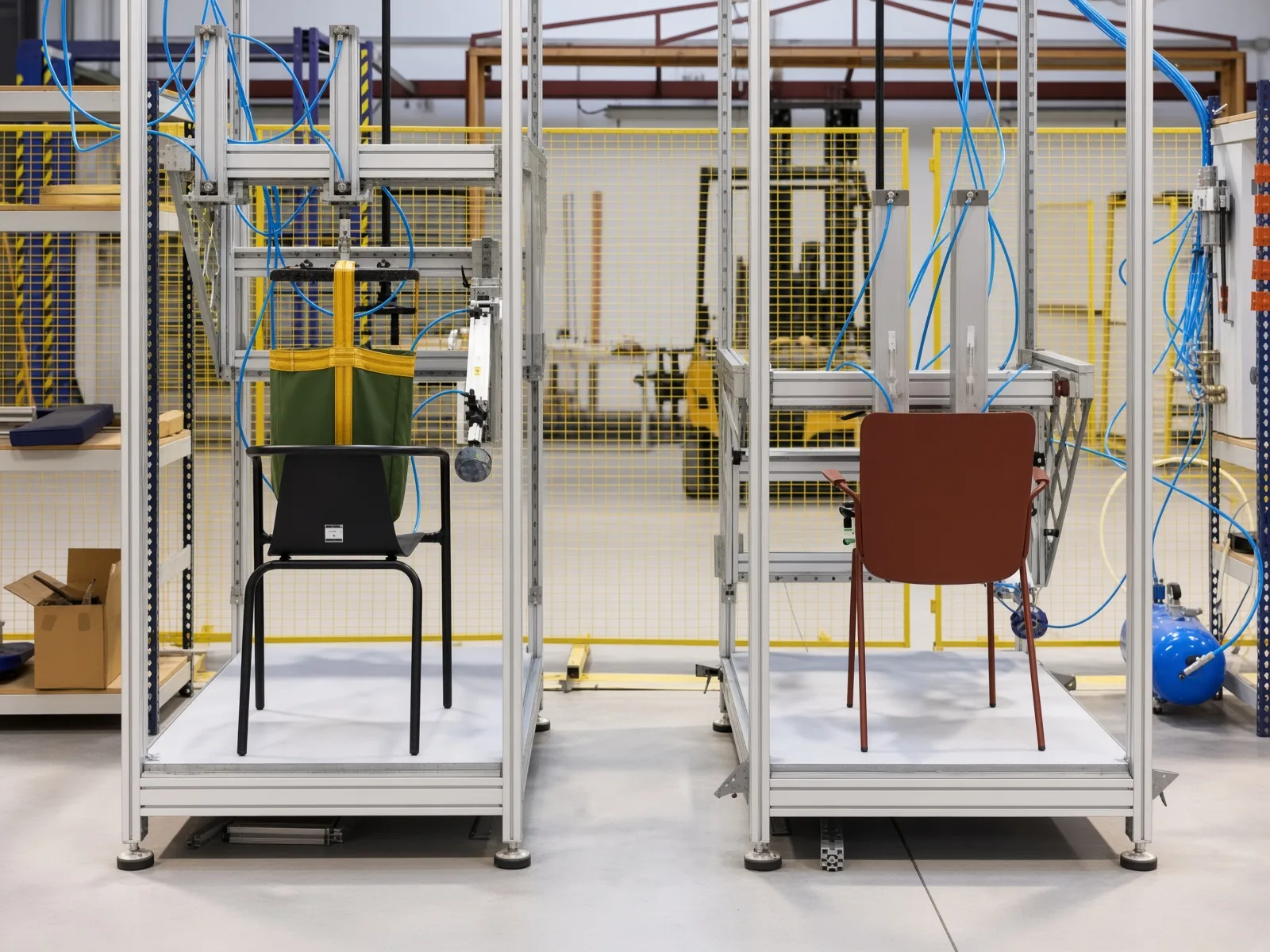 Contract chairs mounted in load and stability testing rigs in the OGPSGroup QA lab
