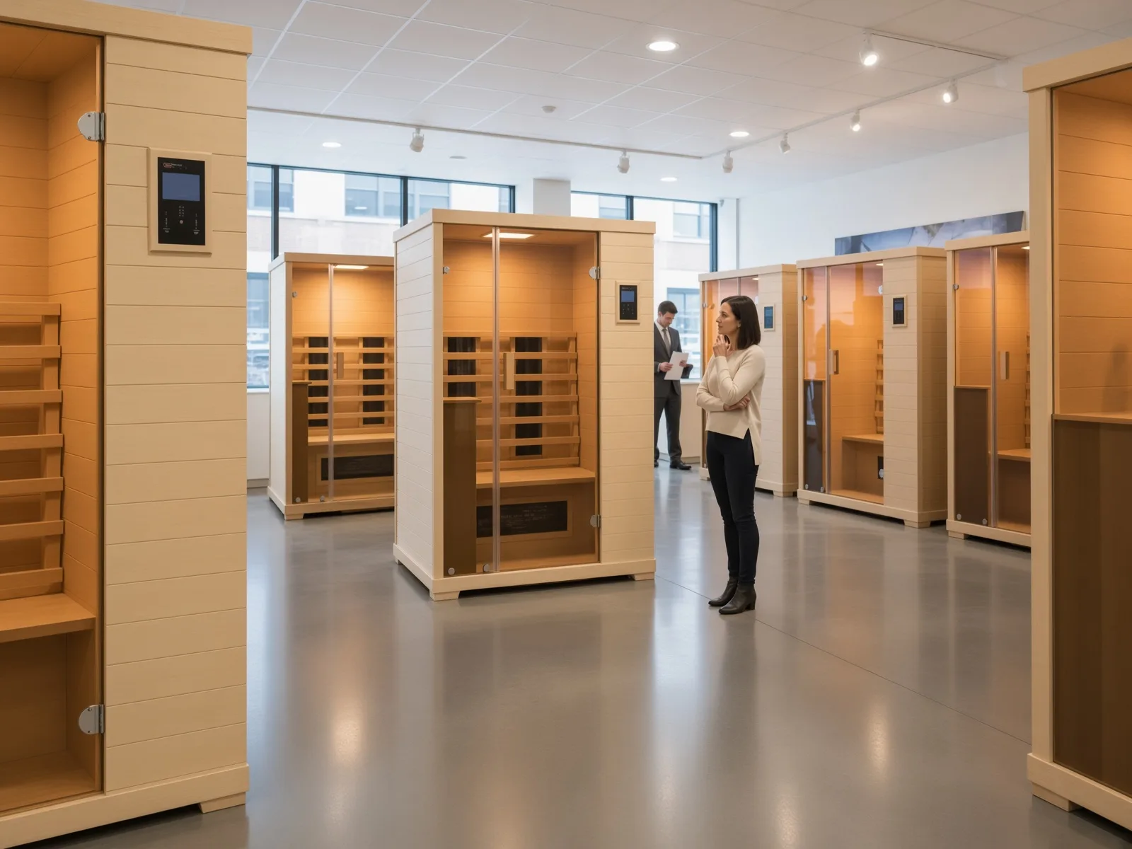 Buyer reviewing furniture display units in a commercial furniture showroom