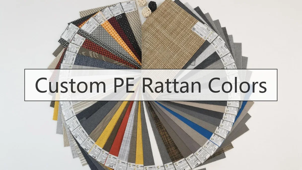 Fanned sample book of custom PE rattan colors in beige, gray, black, yellow, red and blue weaves