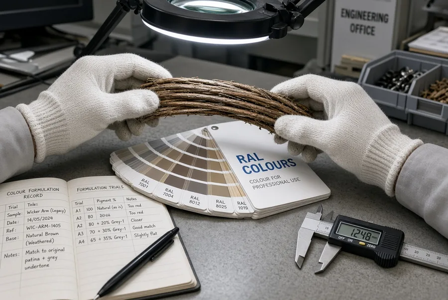 Hands in gloves holding a PE rattan strand over RAL color charts, digital calipers and a color formulation logbook