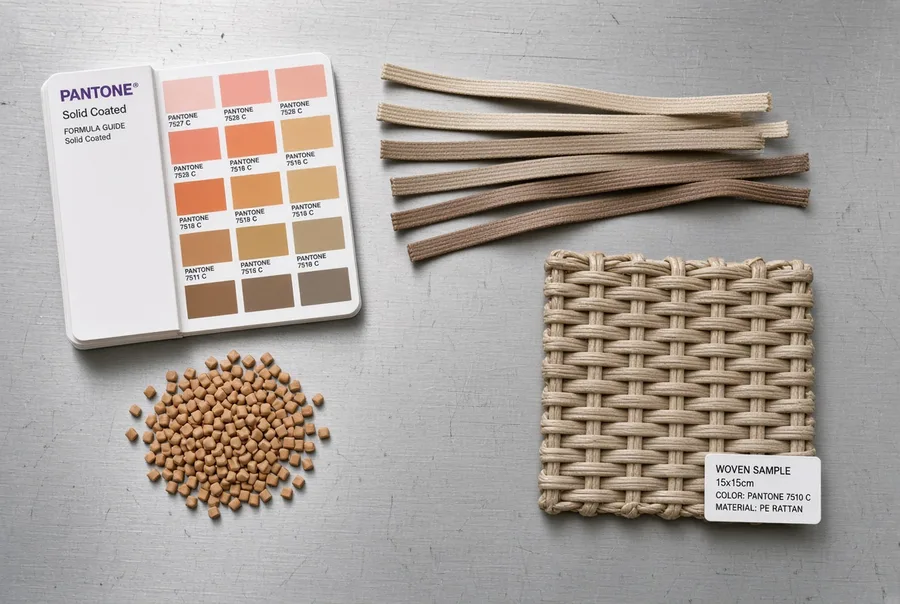 Pantone Solid Coated formula guide, loose PE rattan strands, HDPE pellets and a woven rattan sample swatch used for custom color matching
