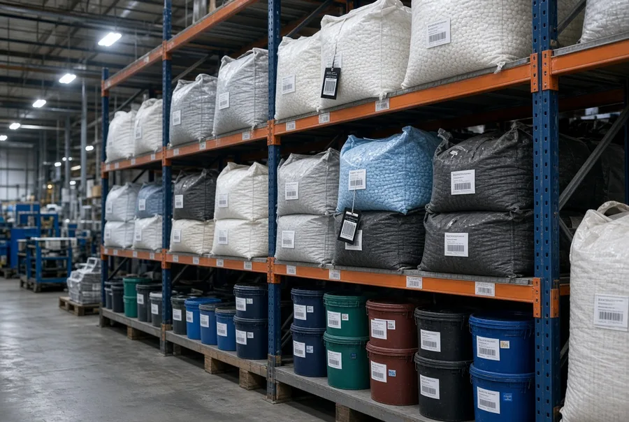 Warehouse racks storing bags of HDPE pellets and buckets of stock PE rattan color compound