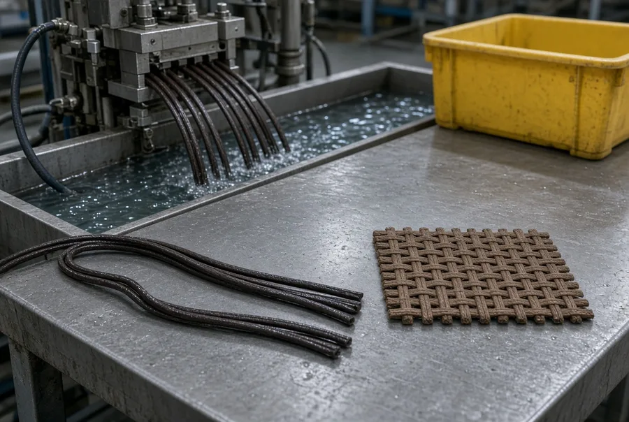Extruded PE rattan strands cooling in a water bath beside a loose strand and a woven strike-off panel on the workshop bench