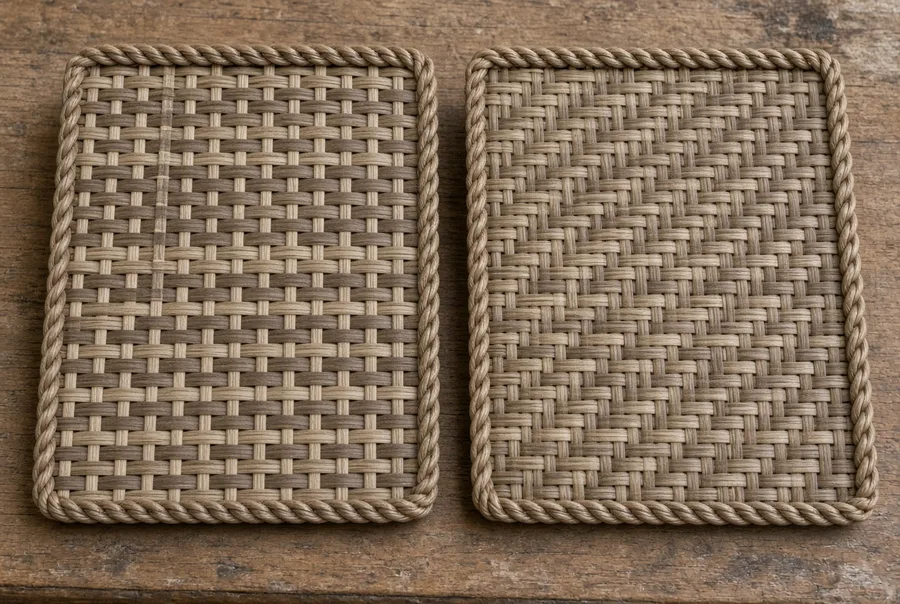 Two woven PE rattan panels side by side showing a two-tone brown and beige basket weave