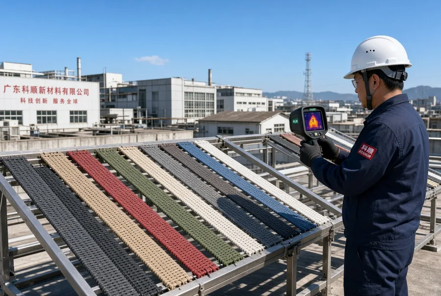 Technician scanning UV-weathered PE rattan color samples on a Guangdong rooftop rack with a thermal imaging camera