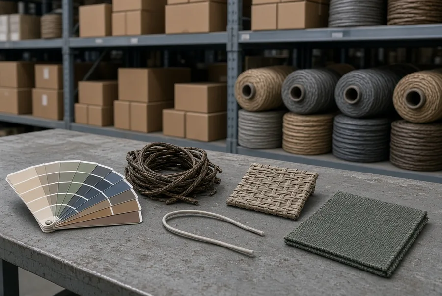 Table display of a PE rattan color fan, coiled strand, loose strand profile, woven panel and fabric swatch prepared before a custom color run