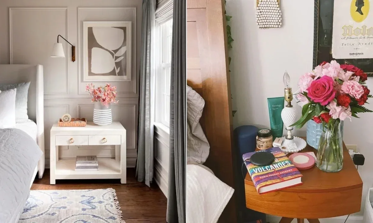 Product architecture comparison of an enclosed drawer nightstand versus an open-leg bedside table