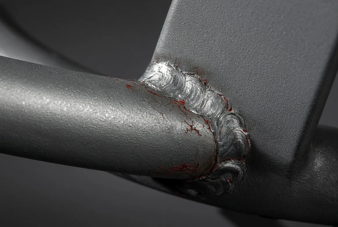 Red rust weeping from a cracked weld bead at the joint of a powder-coated outdoor furniture frame