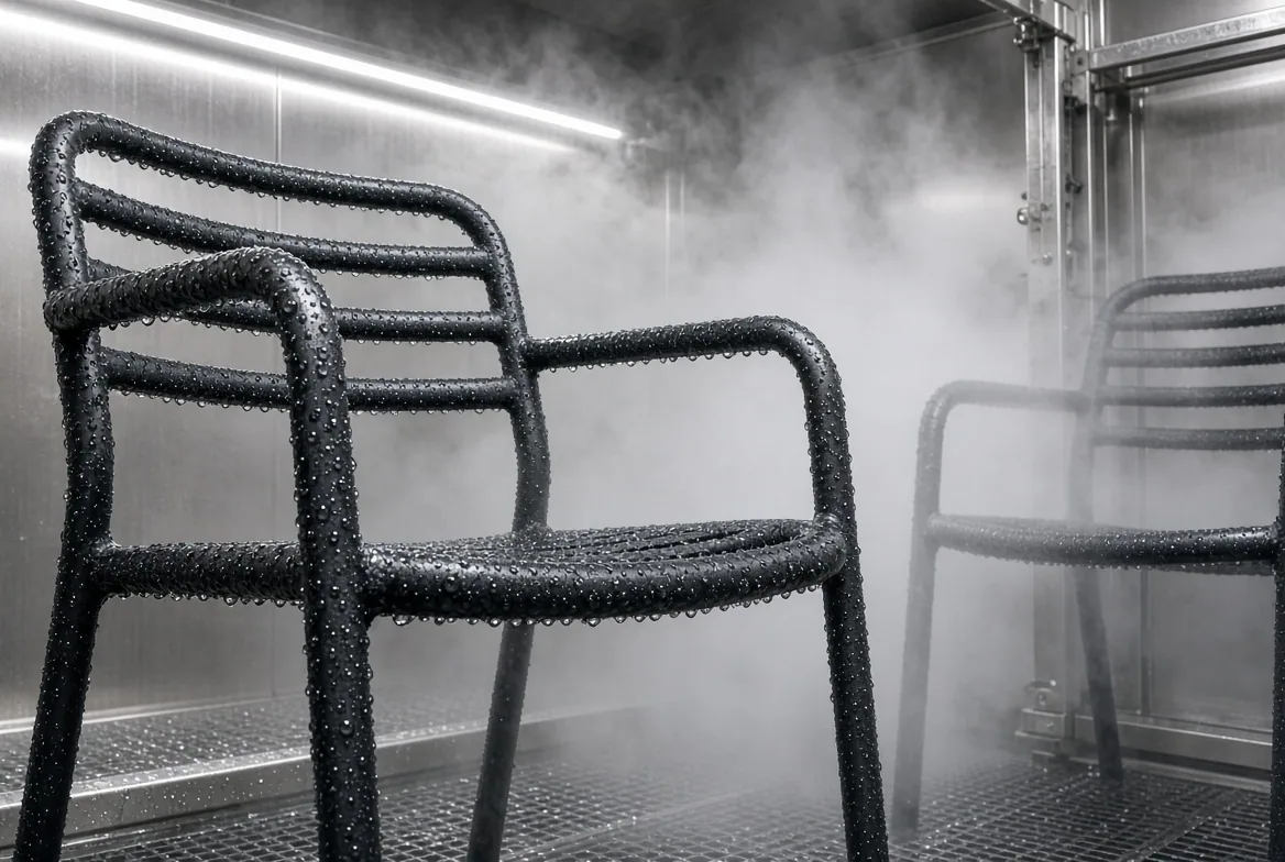 Powder-coated black chair frame covered in salt fog condensation inside an ASTM B117 test chamber