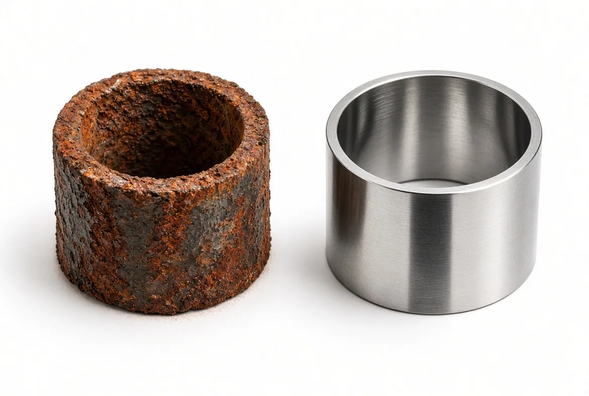A heavily rusted steel tube beside a clean brushed stainless steel coupon after salt spray exposure