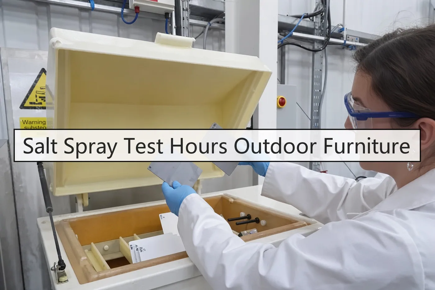 Lab technician in a white coat and safety glasses holding coated test coupons beside an open salt spray chamber, with the Salt Spray Test Hours Outdoor Furniture title card