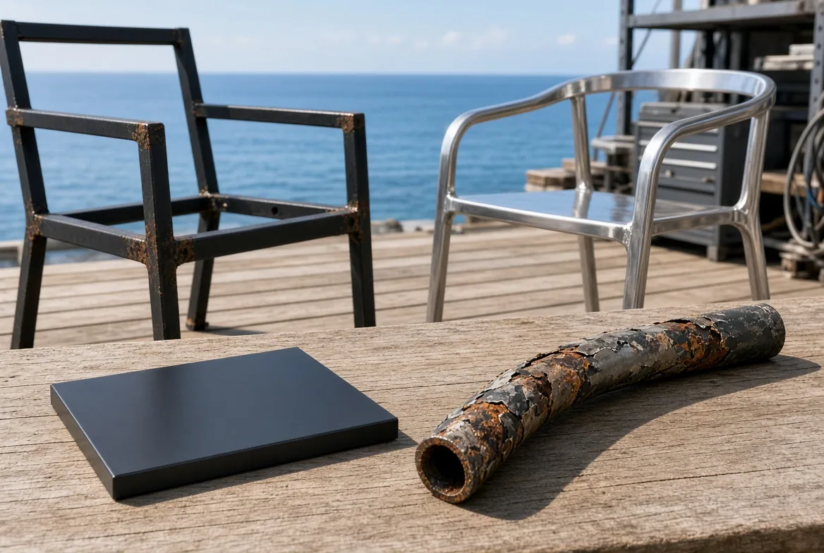 Two outdoor chairs on a seaside deck, one with a rusted steel frame and one with a clean aluminum frame, beside a rusted tube and a coated sample panel