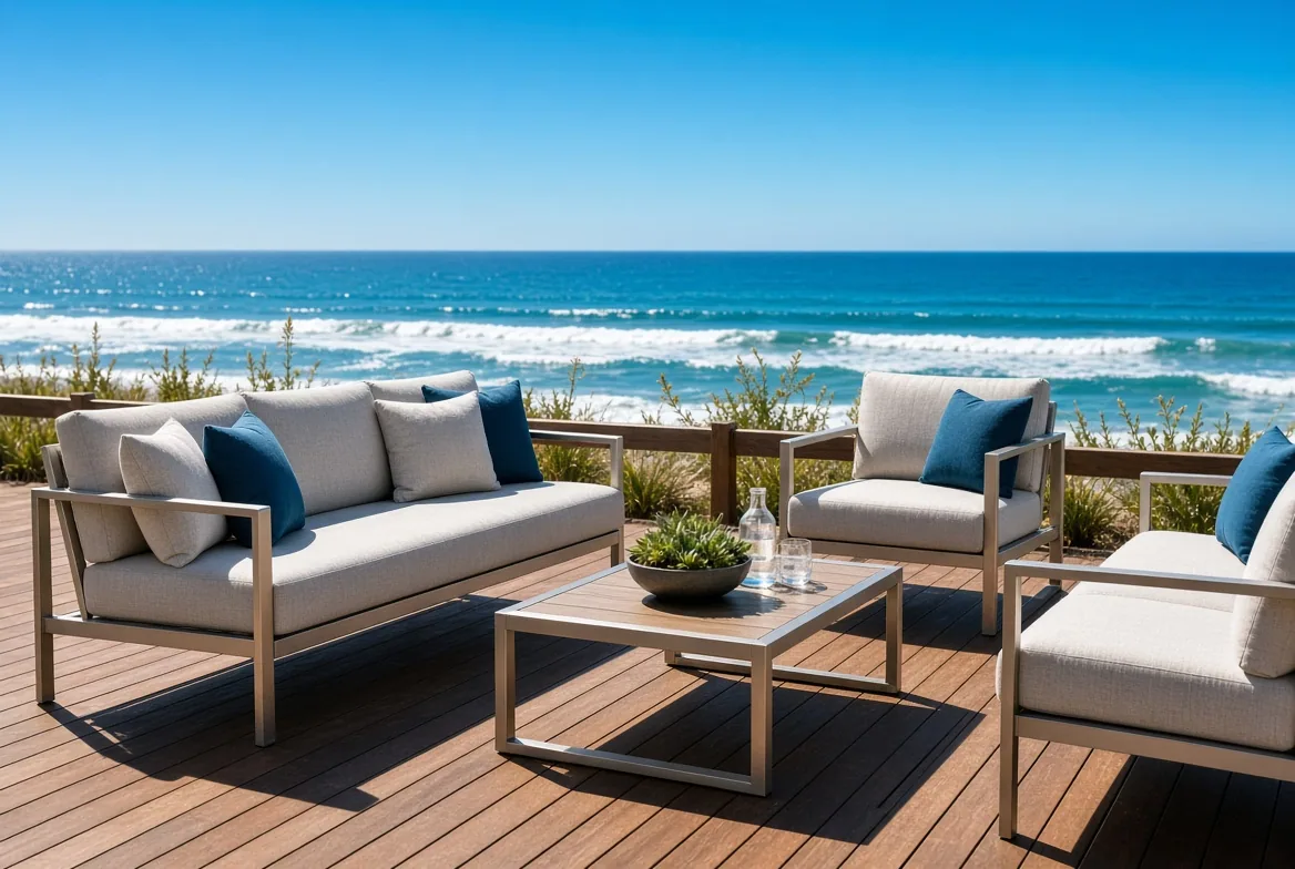 Aluminum-framed outdoor sofa set on a wooden patio deck beside the ocean under bright sun