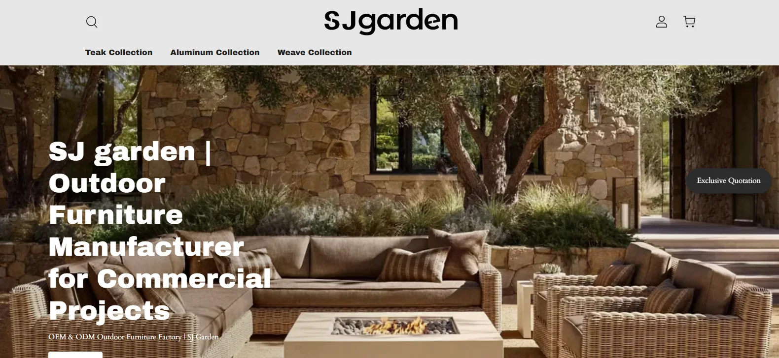 SJgarden homepage showing teak, aluminium and wicker outdoor furniture for commercial projects