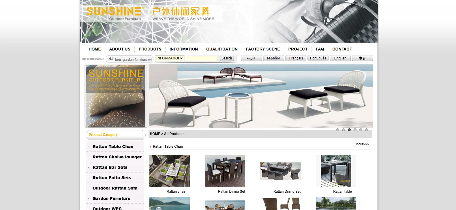 Sunshine Outdoor Furniture catalog page showing rattan table and chair sets for OEM and ODM buyers