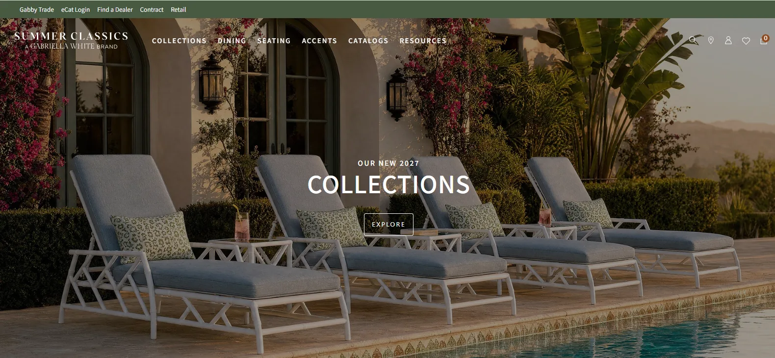 Summer Classics chaise lounges with grey cushions beside a pool