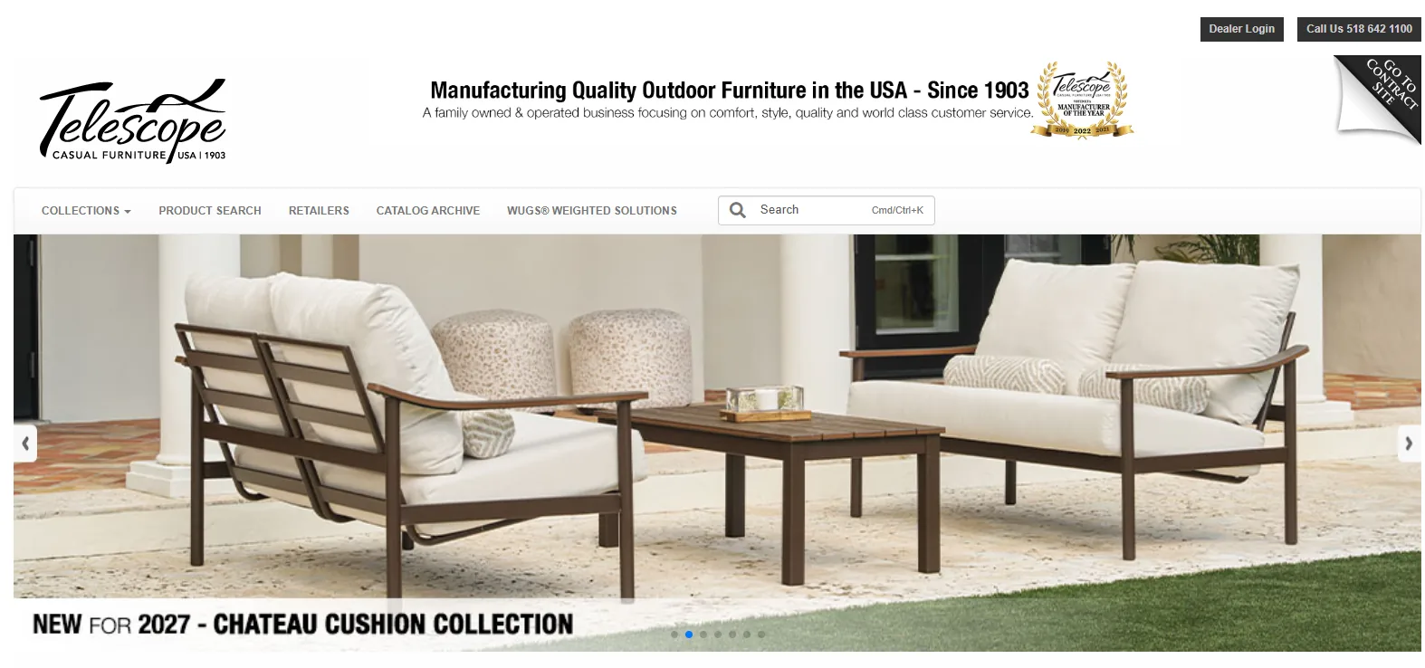 Telescope Casual porch seating with white cushions, made in the USA since 1903
