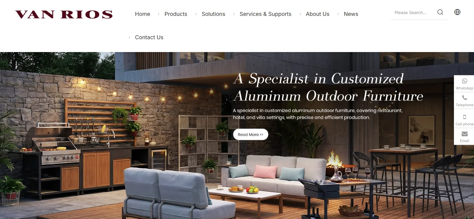 VANRIOS homepage showing a customized aluminum outdoor furniture, outdoor kitchen and pergola package
