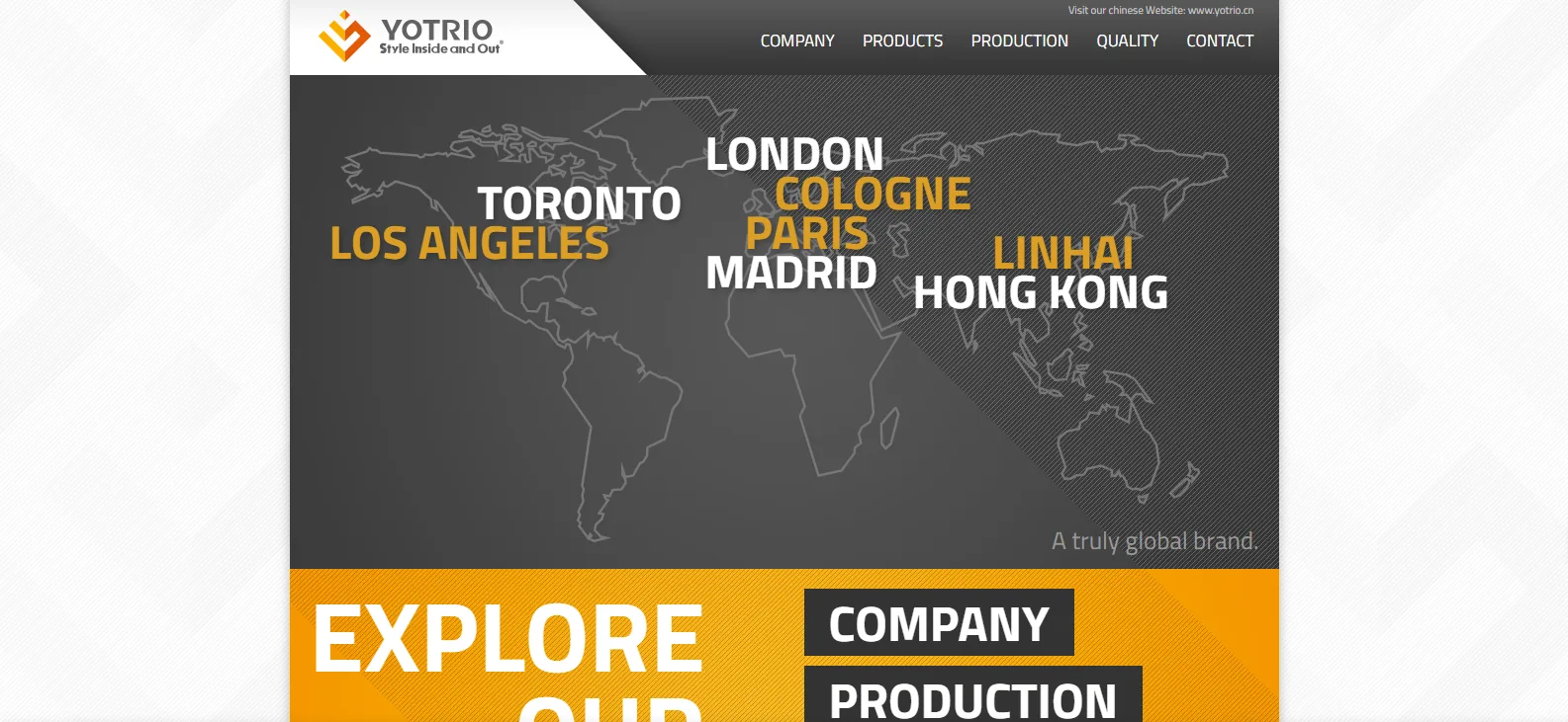 Yotrio Group's global office map — Toronto, Los Angeles, London, Cologne, Paris, Madrid, Linhai and Hong Kong