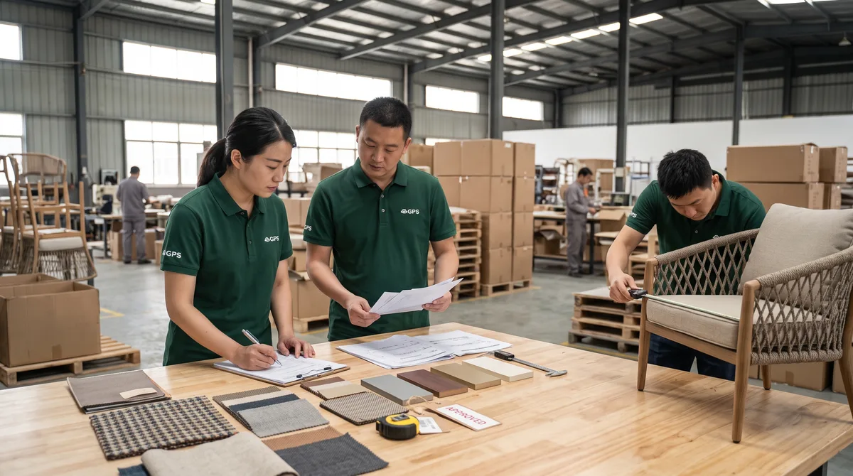 Quality inspector running an AQL check on a courtyard furniture batch