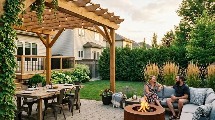 Pergola and outdoor furniture set in a garden centre display