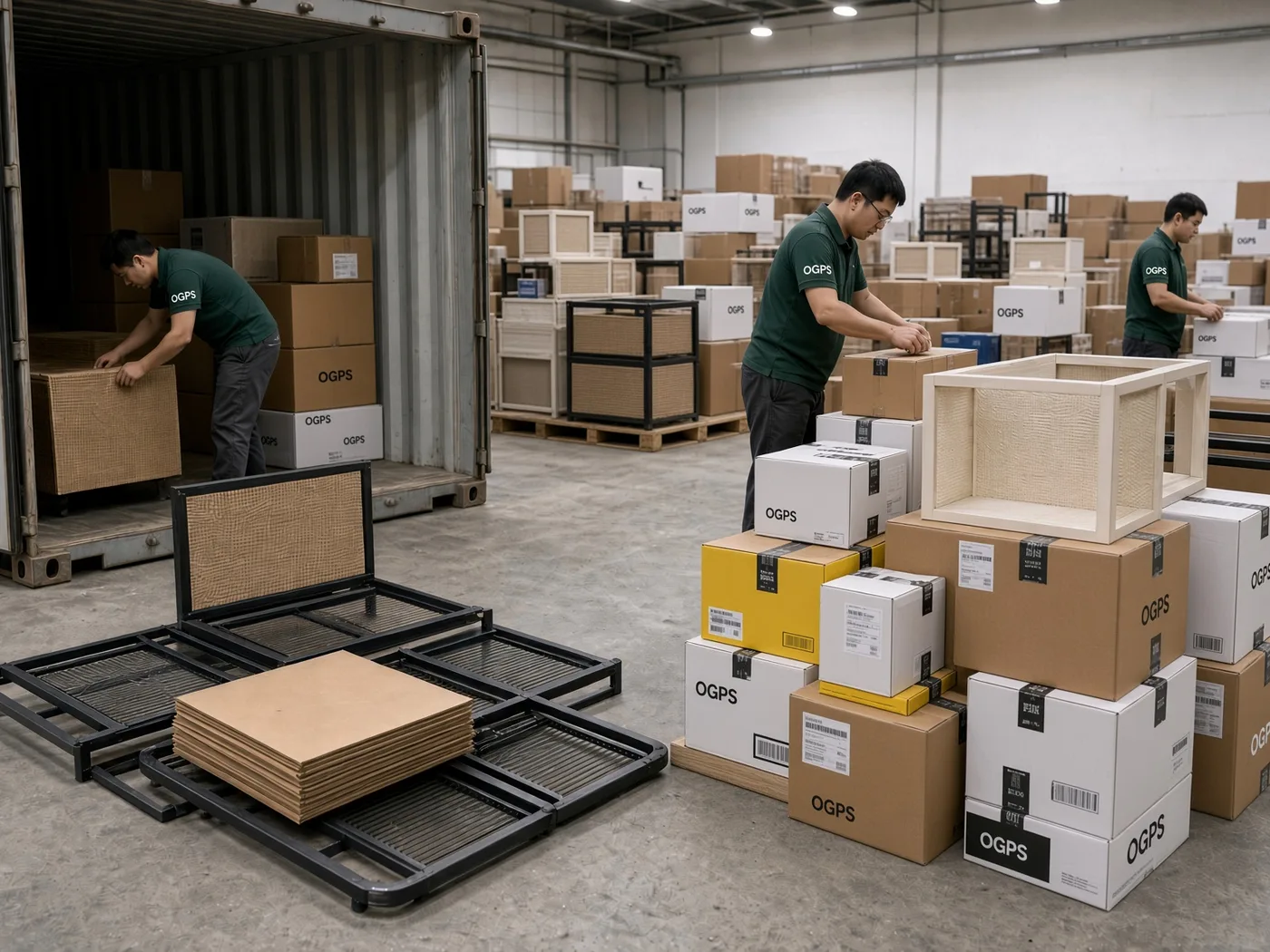 Cartons staged for a mixed-SKU container at a distribution warehouse