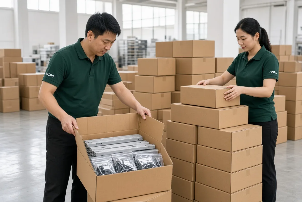 Staff packing retail-ready furniture cartons in a warehouse