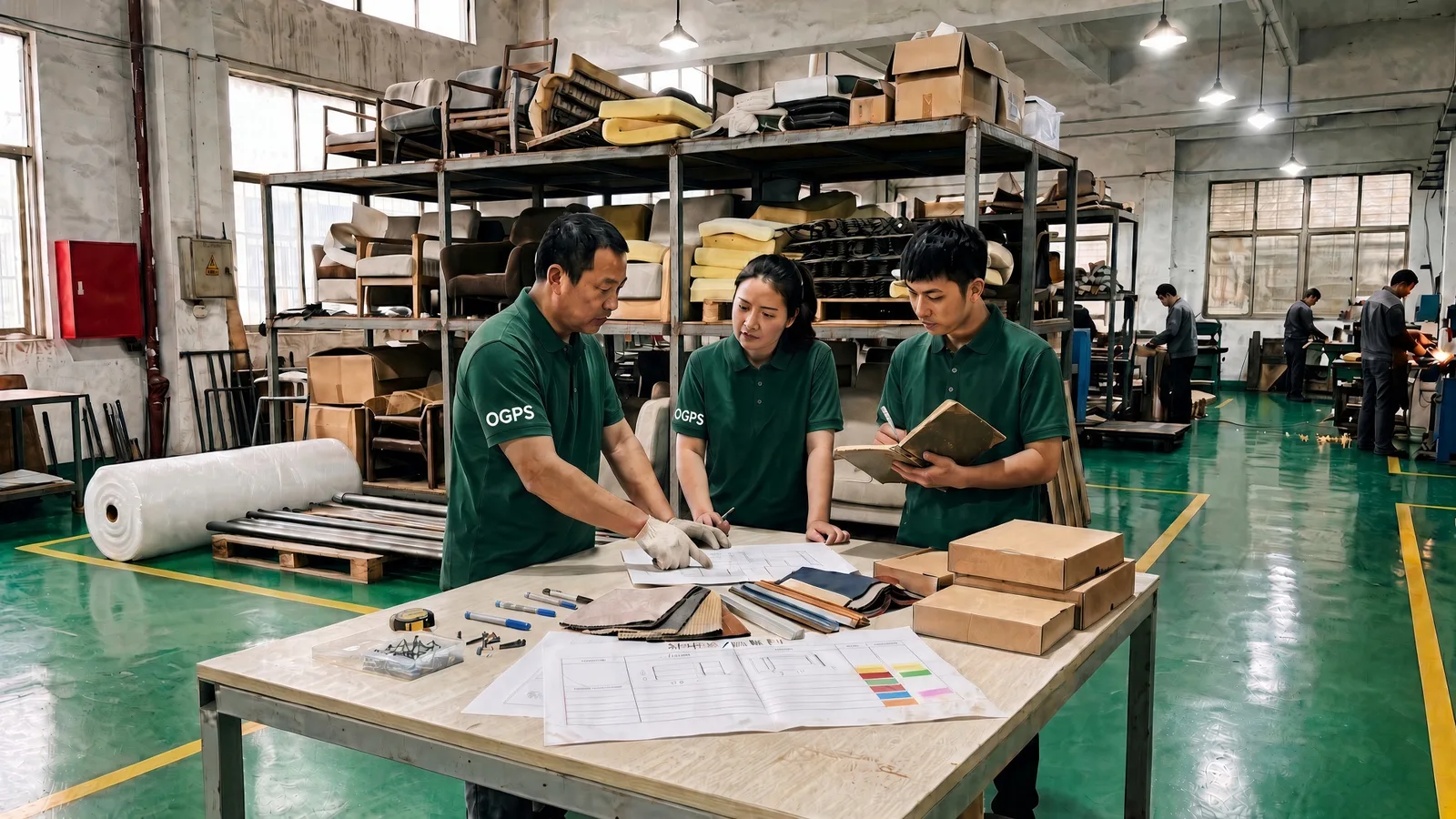 OGPSGroup team reviewing furniture specifications and material samples at a planning table