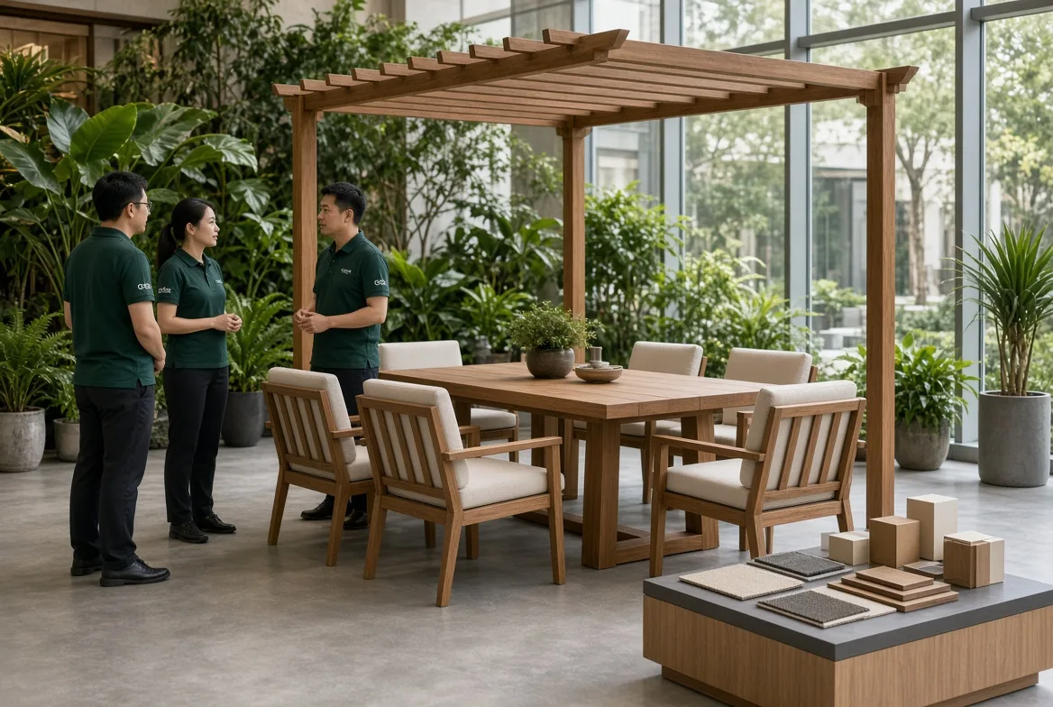 Pergola dining set displayed in a garden centre showroom