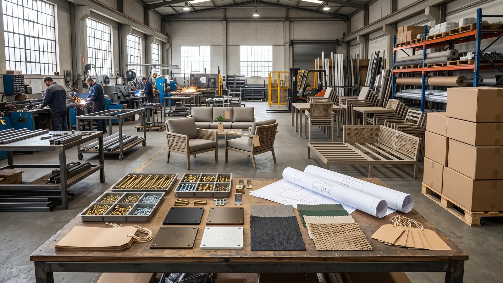 Outdoor furniture showroom with coordinated seating, frames and finishes