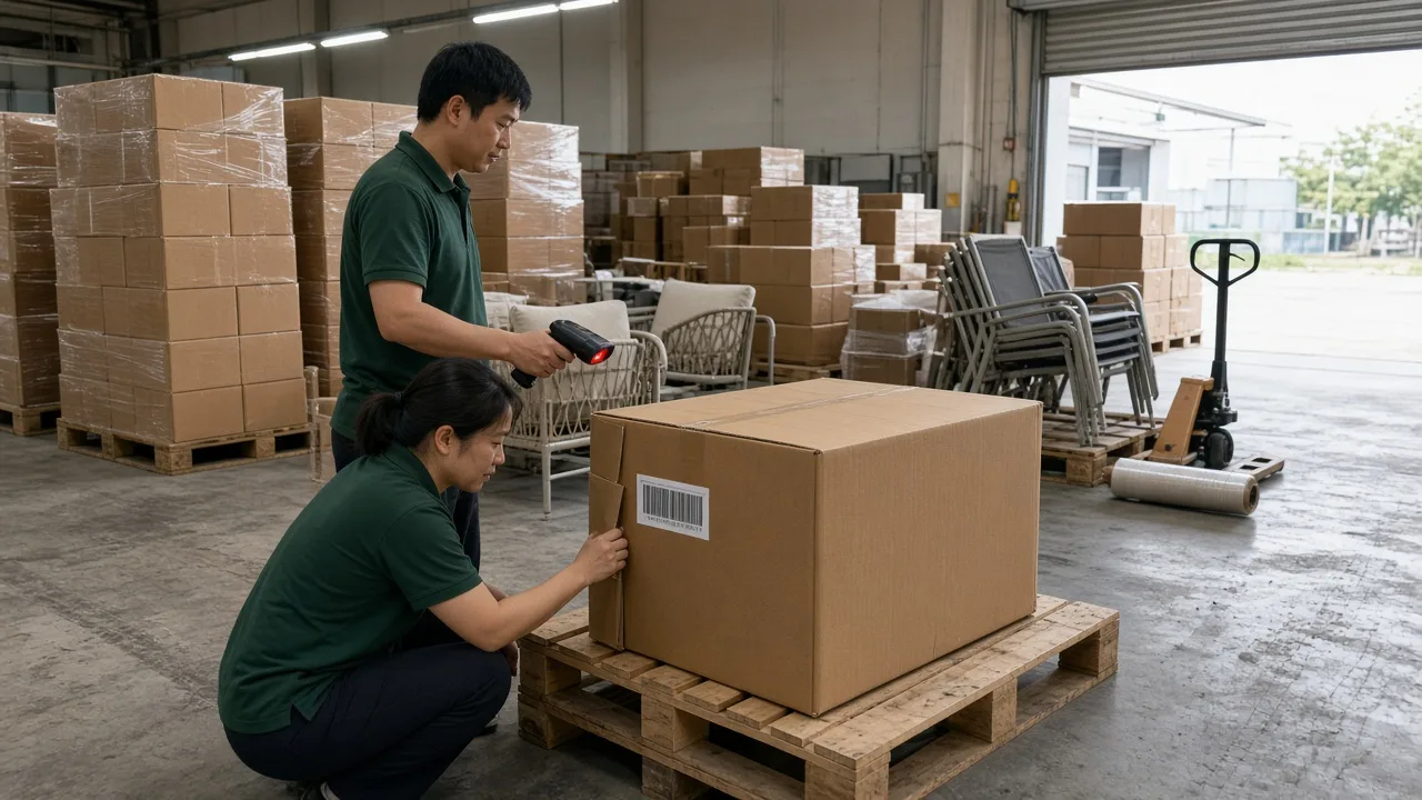 Warehouse team scanning a carton label beside pallets of furniture cartons stacked for dispatch
