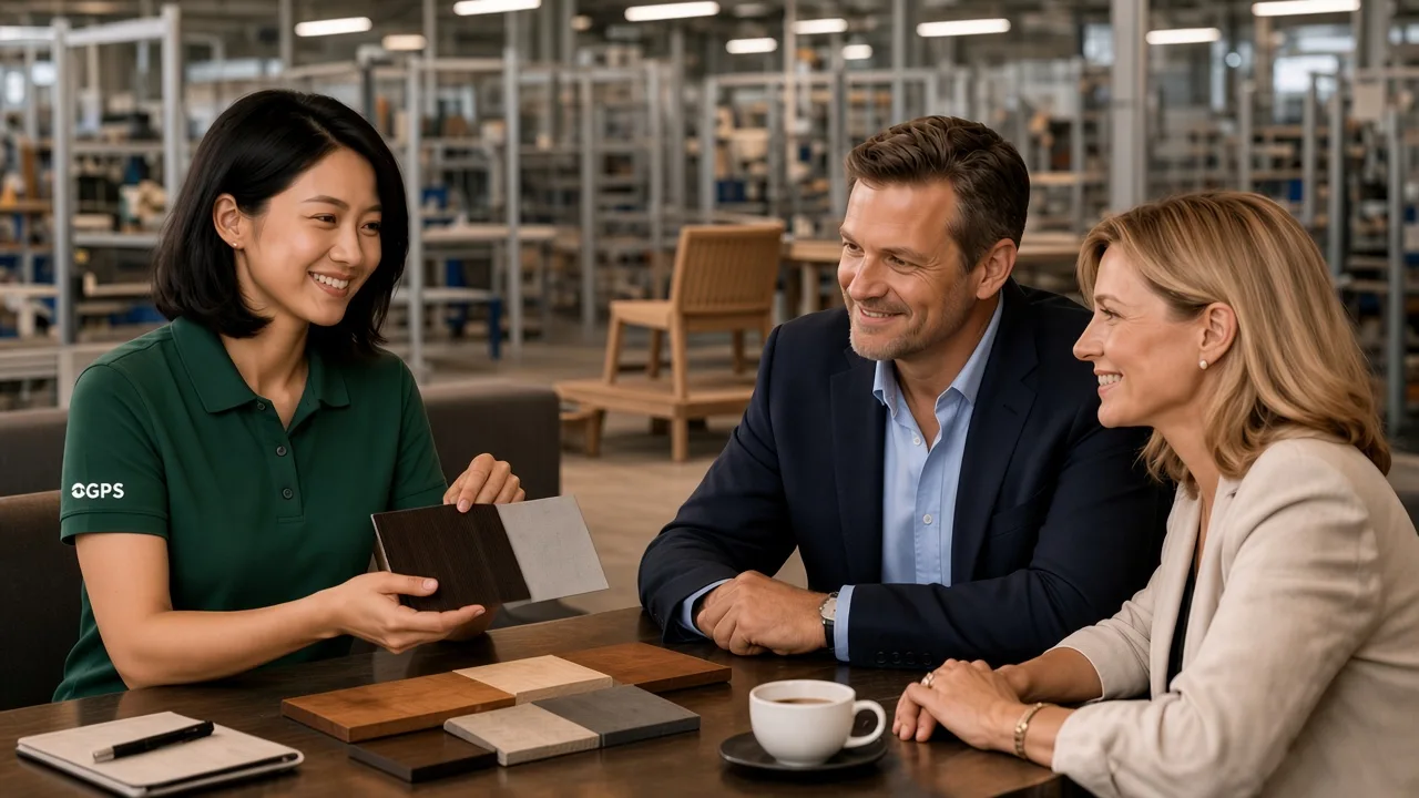 OGPSGroup team reviewing outdoor furniture finish samples with two buyers in a factory showroom