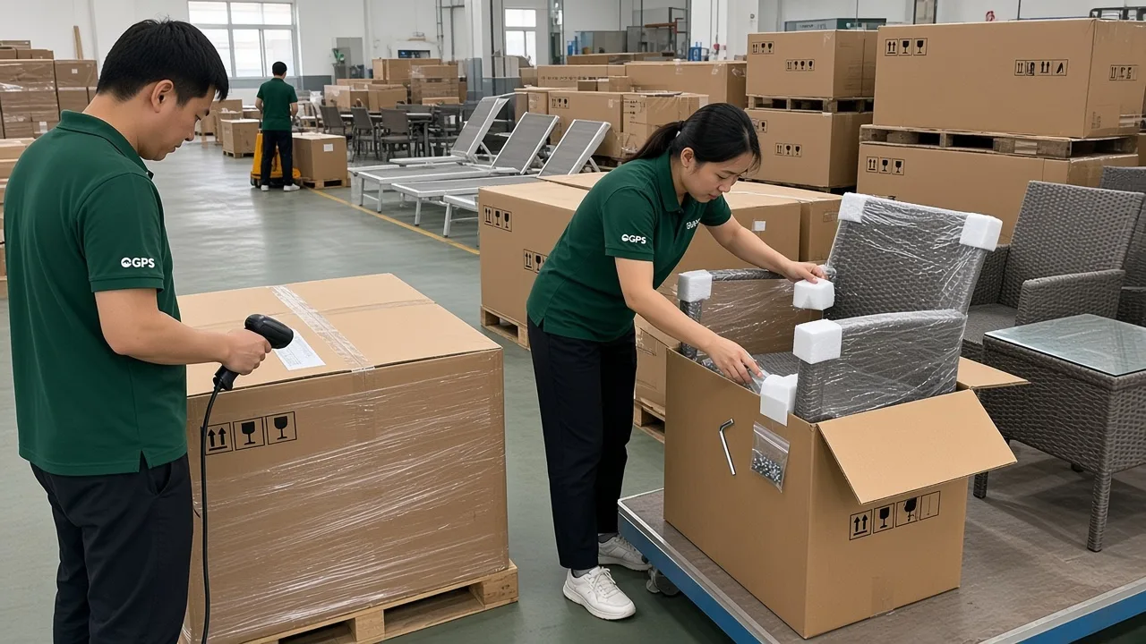 Workers scanning carton marks and packing a chair into a retail-ready carton