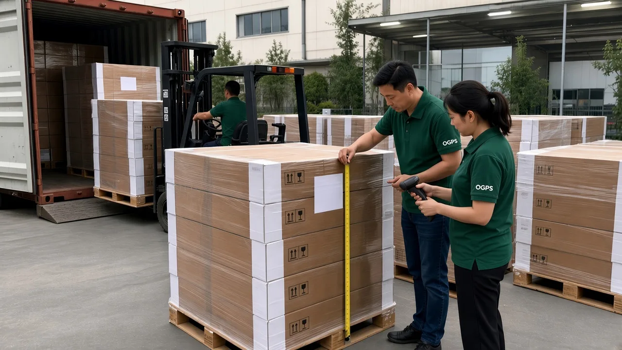 Operator measuring a wrapped pallet beside a container being loaded by forklift