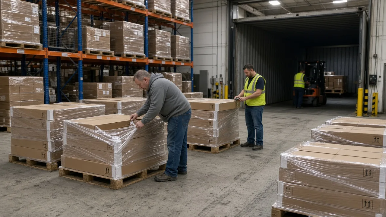 Warehouse team wrapping and checking pallets before a multi-store dispatch