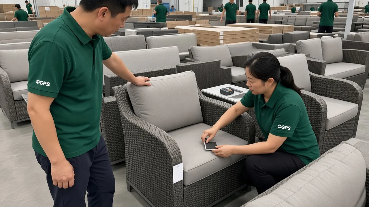 Inspectors checking cushion fit and finish on a wicker sofa in the production hall