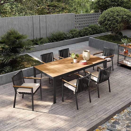 Outdoor dining sets — aluminum and teak-look tables with bar sets