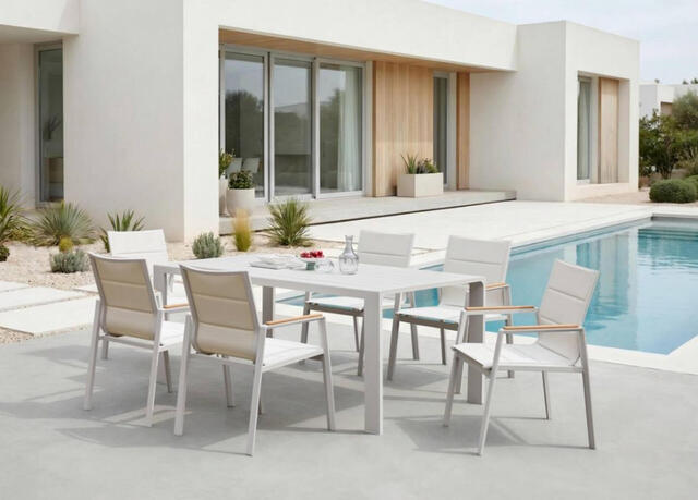 Outdoor seating — sofa sets, lounge chairs and dining chairs in aluminum and rope