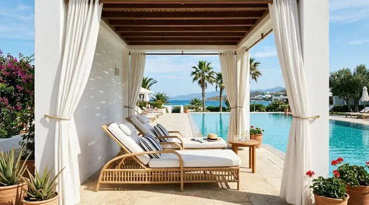 Pool deck cabana and lounger outdoor furniture