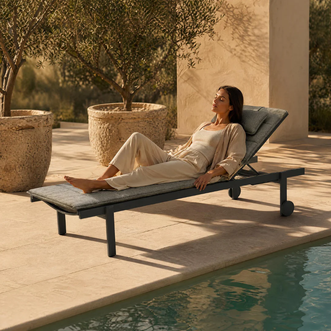 Poolside loungers at hospitality property