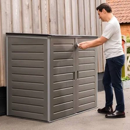 Outdoor storage shed in residential backyard