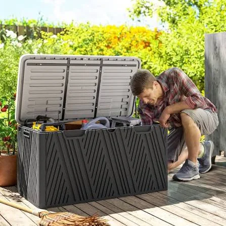 Garden storage bench on customer patio