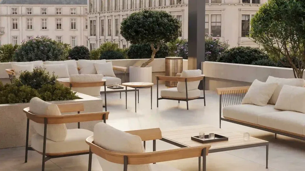 Resort arrival garden court with a pergola and dining terrace