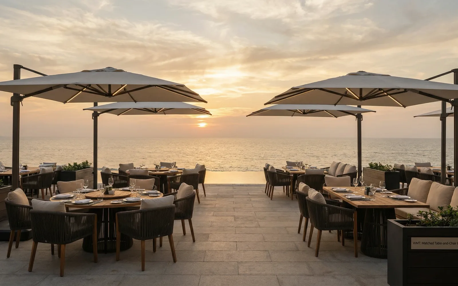 Resort dining terrace under a pergola with a sea view